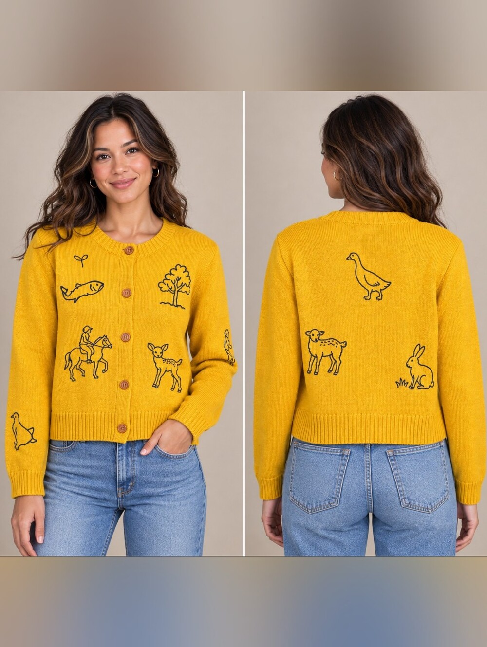 Camellia Mustard Yellow Embroidered Nature Button Front Cardigan L A-322 - Picture 1 of 12
